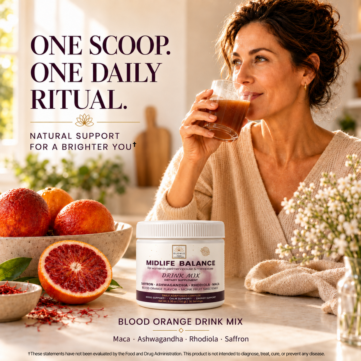 GLOWIS Midlife Balance blood orange adaptogen drink mix, a daily morning ritual supporting the cortisol and stress response in women over 40