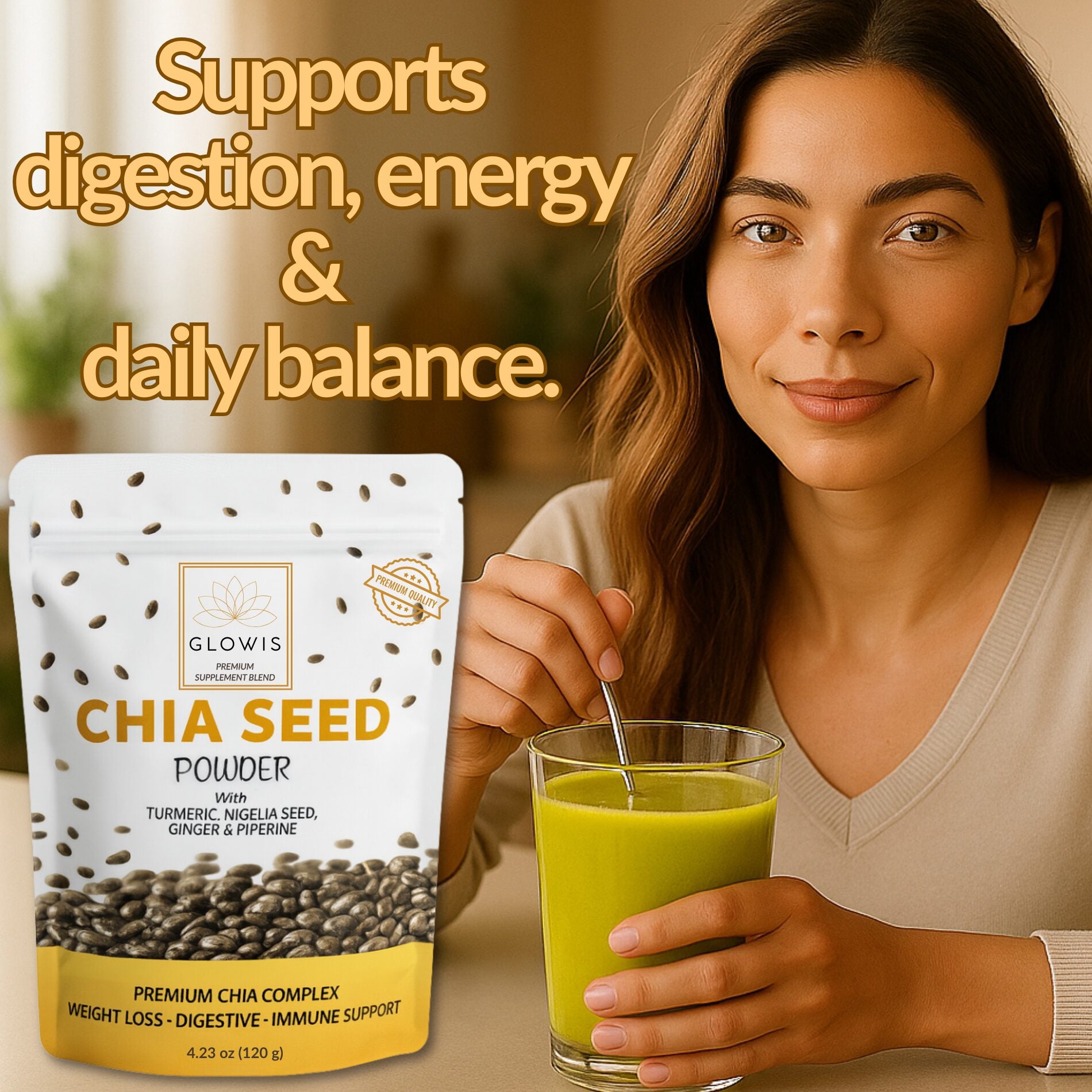 Glowis chia powder lifestyle shot - morning wellness routine on marble