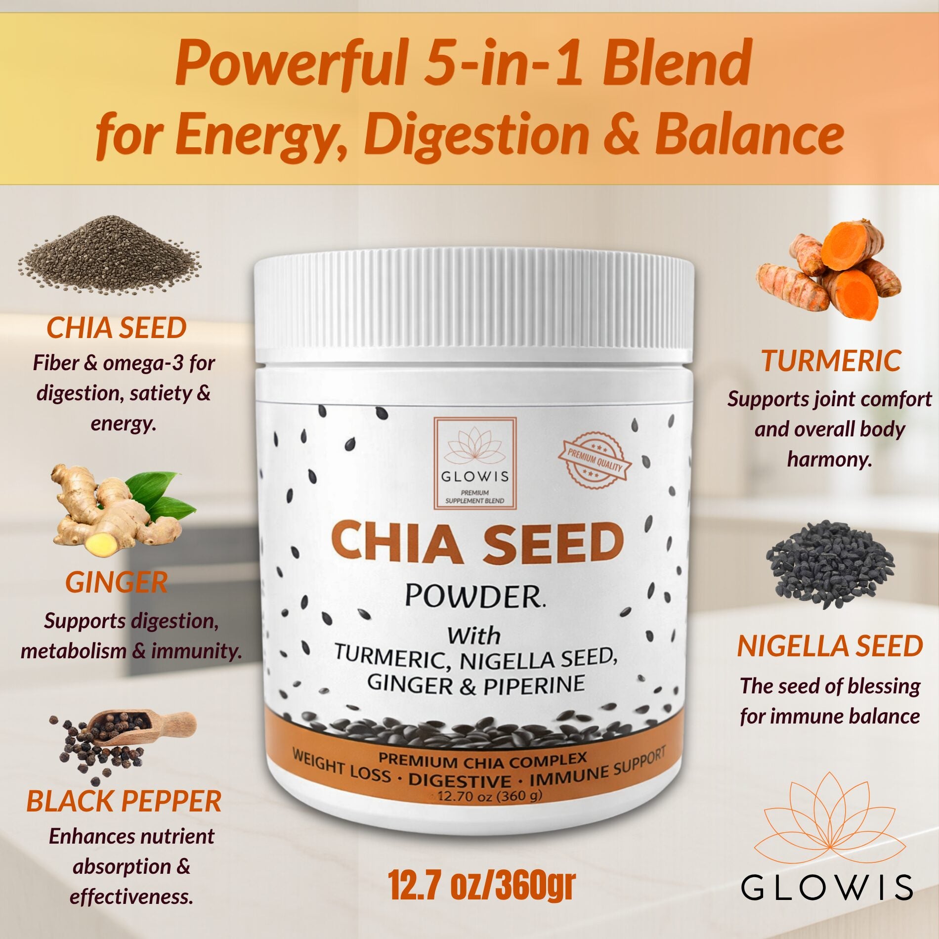 Glowis chia seed powder jar on kitchen counter - premium packaging