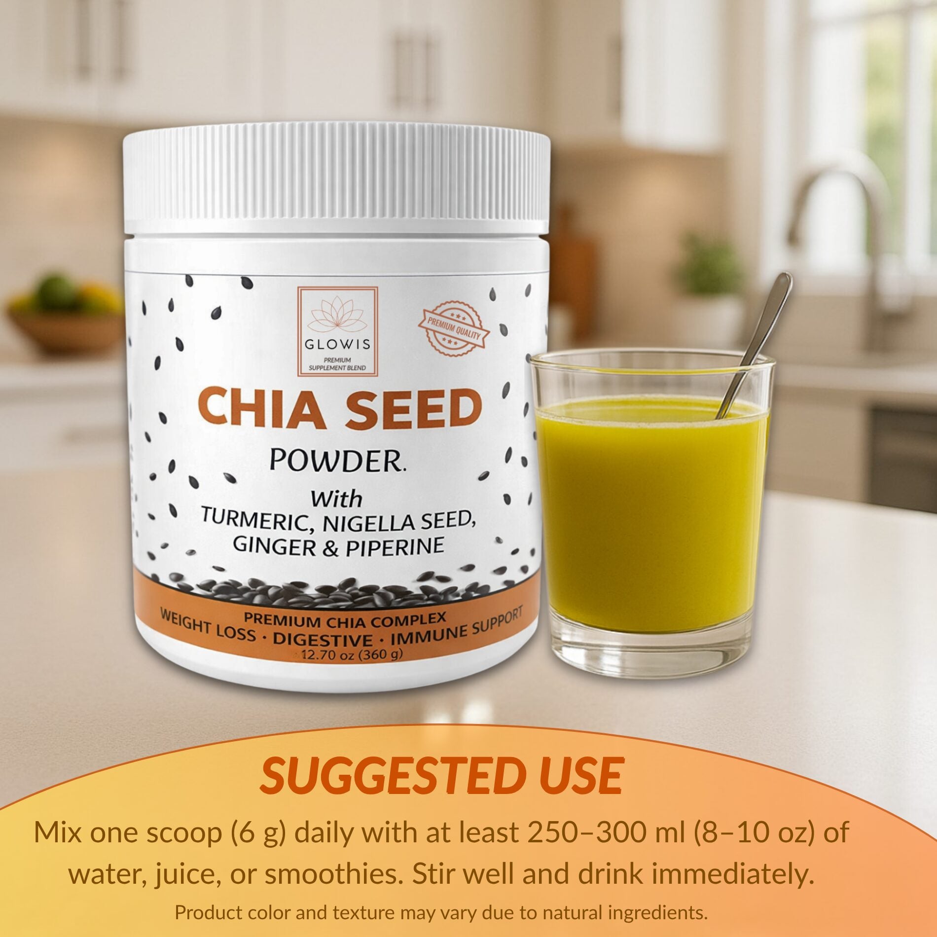 Glowis chia jar ingredients - turmeric ginger nigella seed black pepper