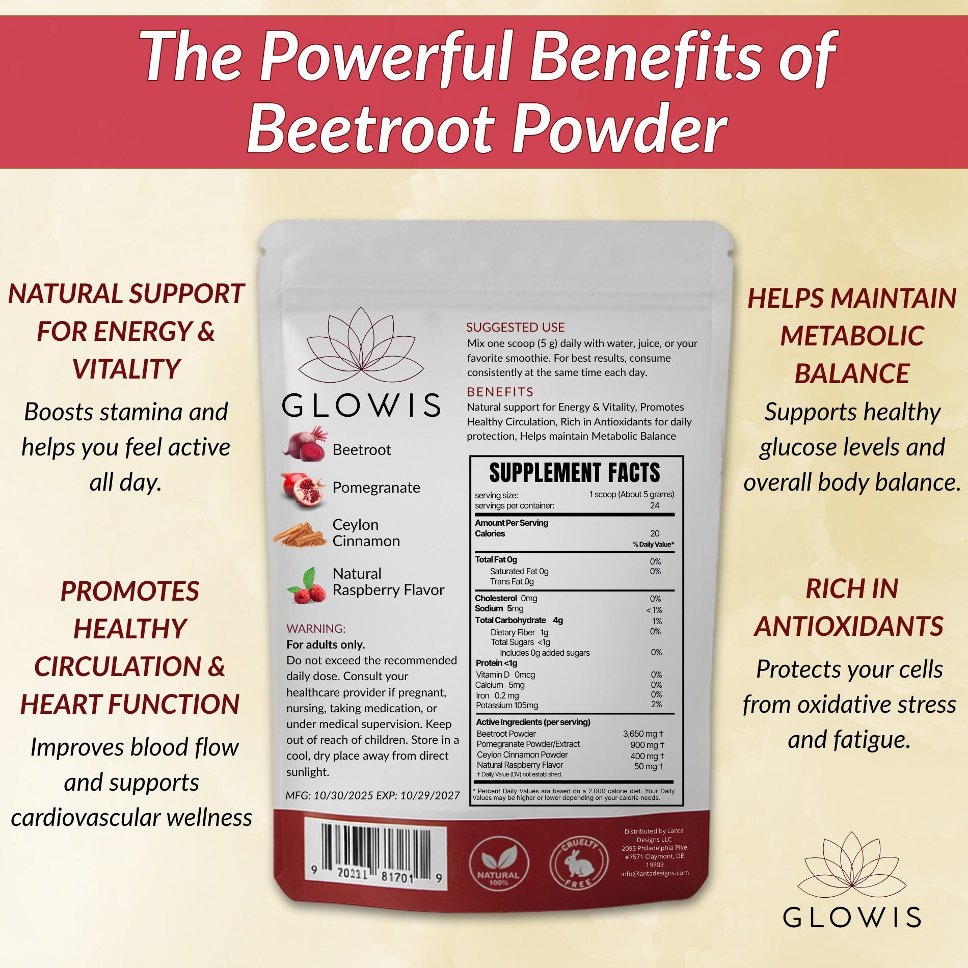 Glowis beetroot powder nutrition facts - 4-in-1 superfood blend per serving
