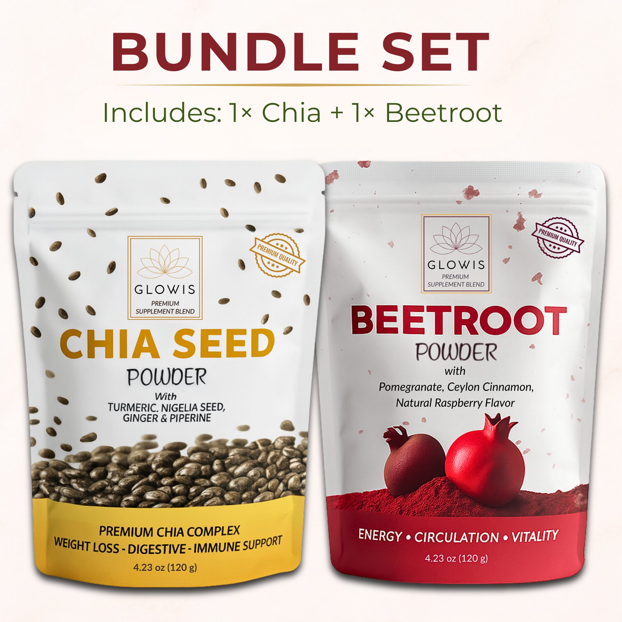 Glowis chia and beetroot bundle - premium packaging clean supplements