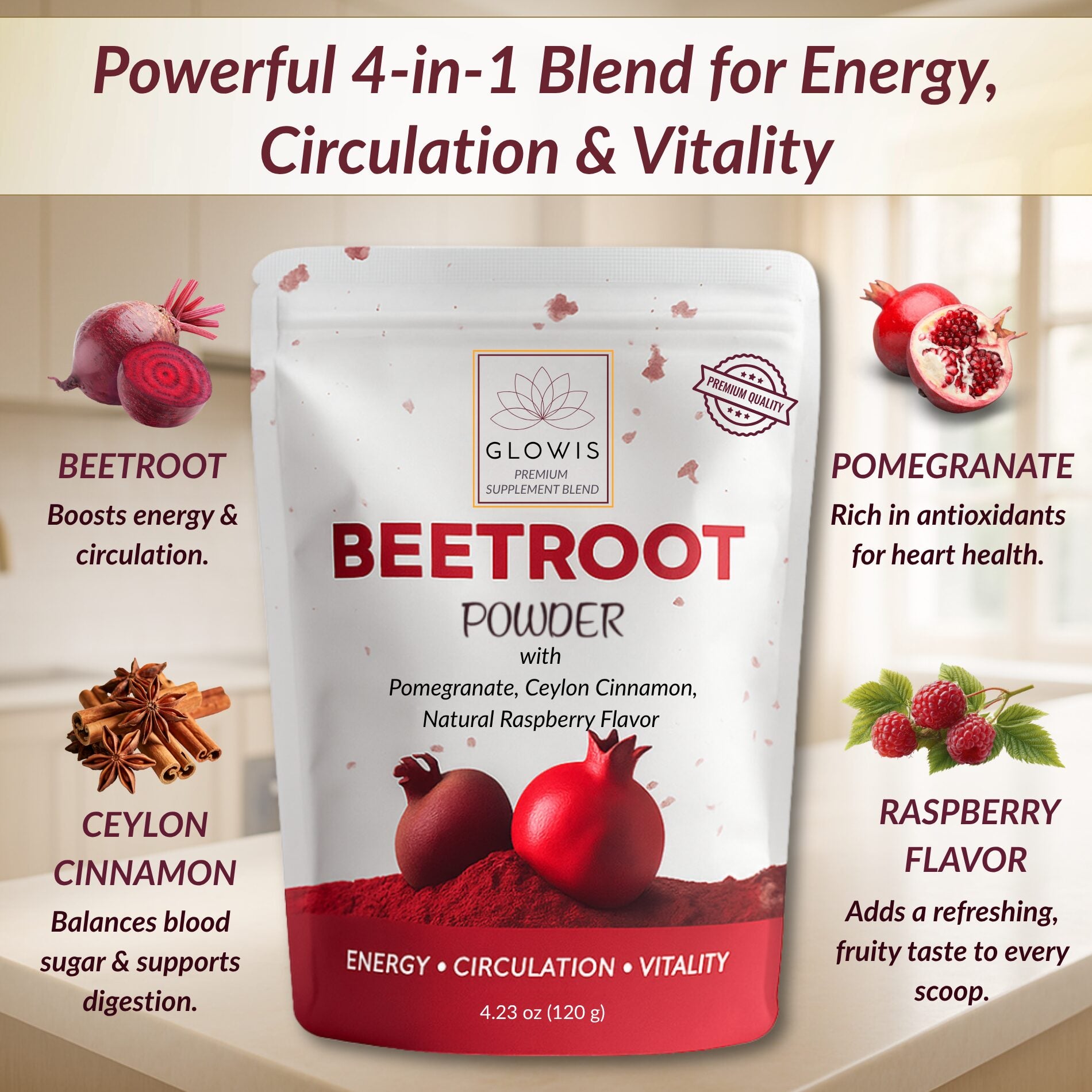 Glowis beetroot powder mixed in glass with pomegranate - natural energy drink
