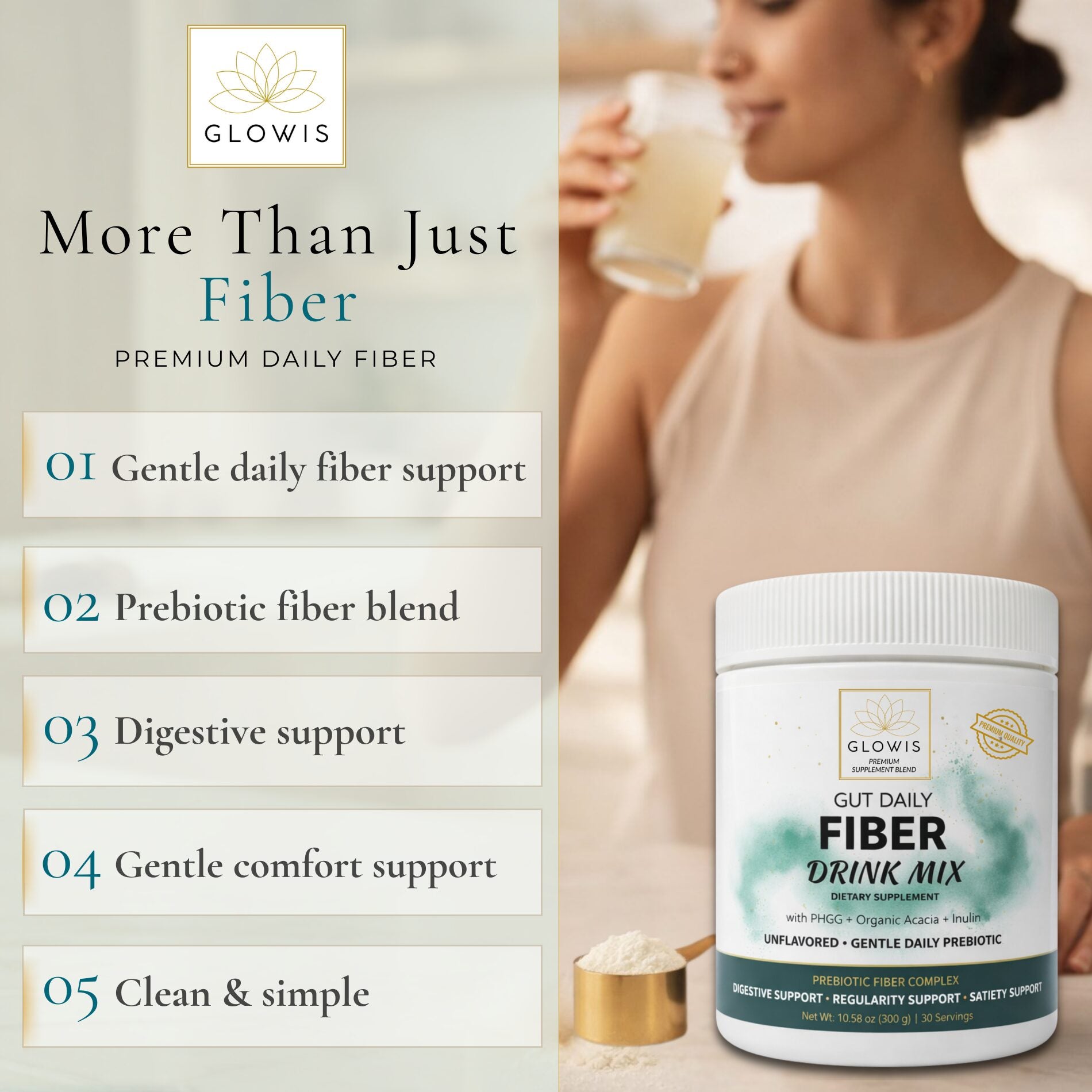 Glowis gut fiber nutrition facts - 6000mg PHGG 2500mg acacia 1000mg inulin per serving