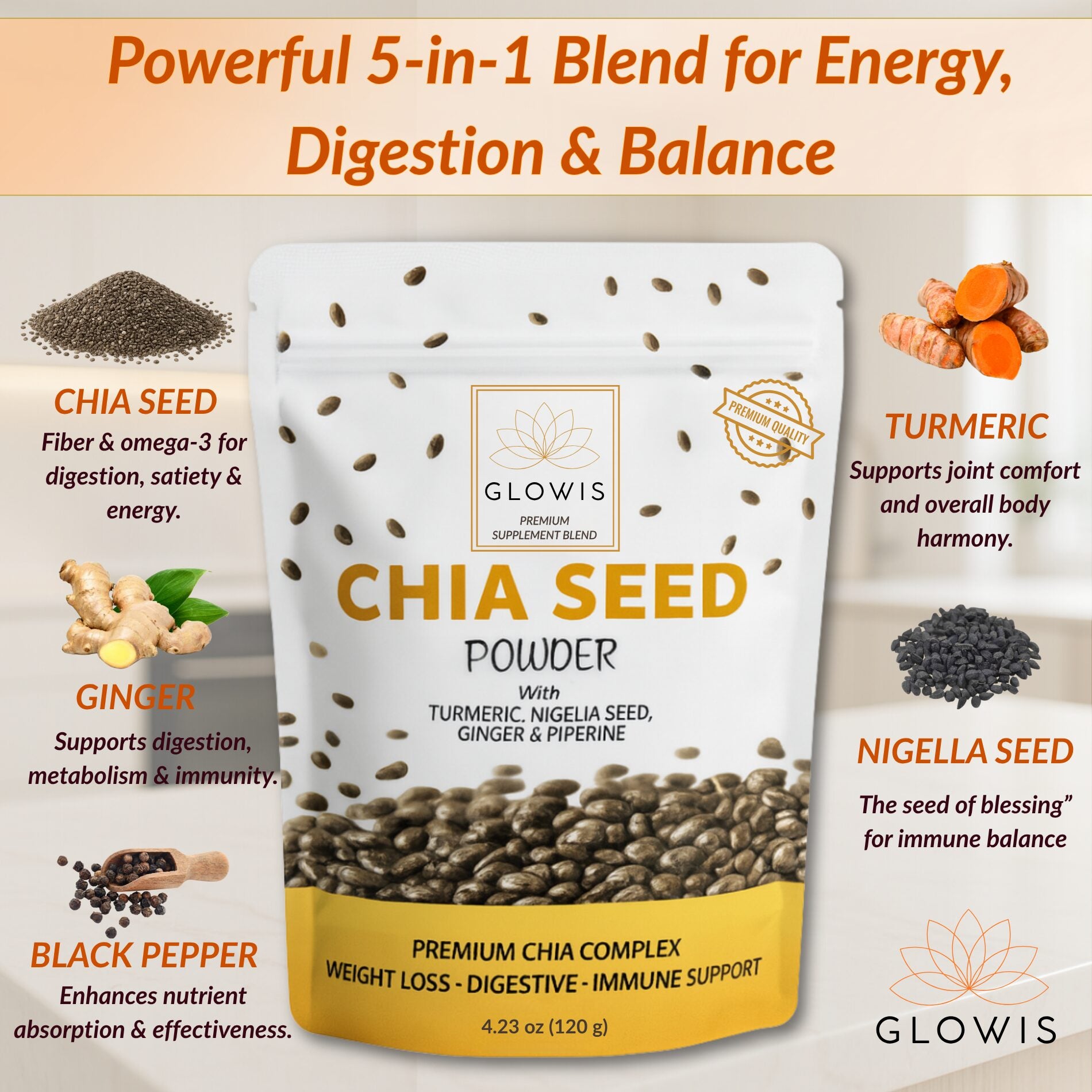 Glowis chia powder mixed in glass of water - daily wellness drink