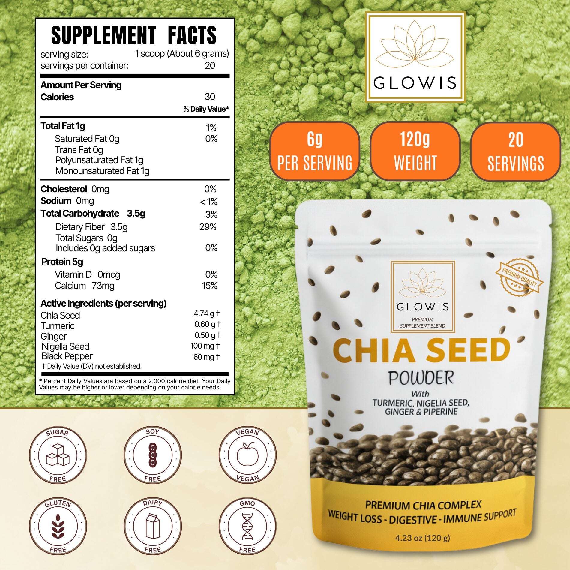 How to use Glowis chia seed powder - one scoop daily in water or smoothie