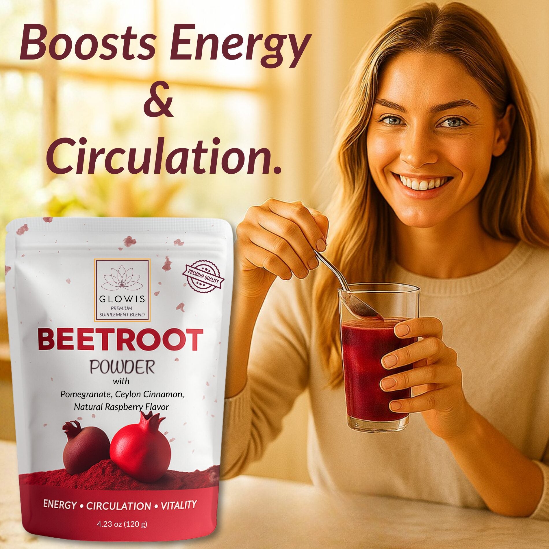 Glowis beetroot powder lifestyle shot - premium packaging
