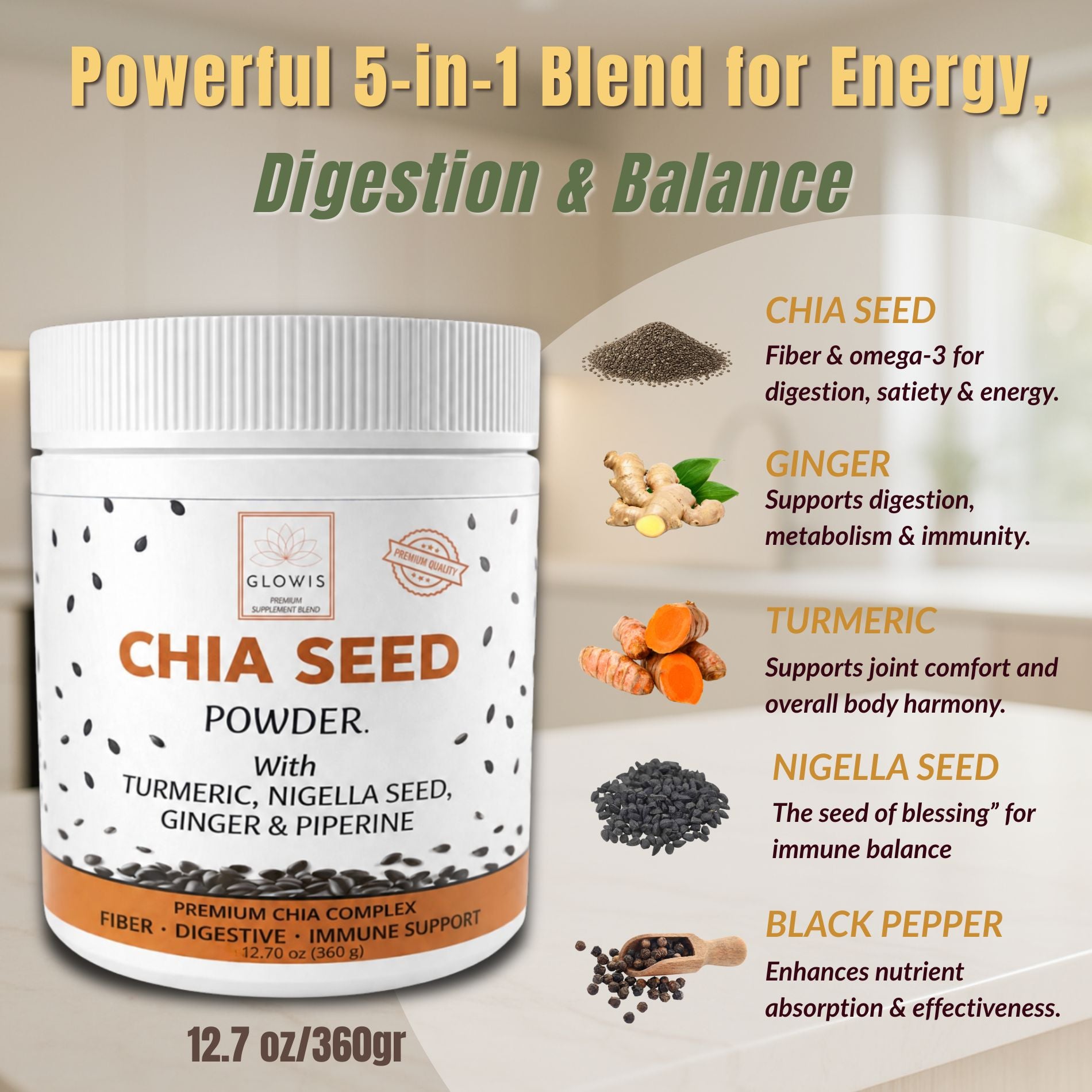 Chia Seed Powder 5-in-1 Superfood Blend | Chia, Turmeric, Black Seed & Ginger