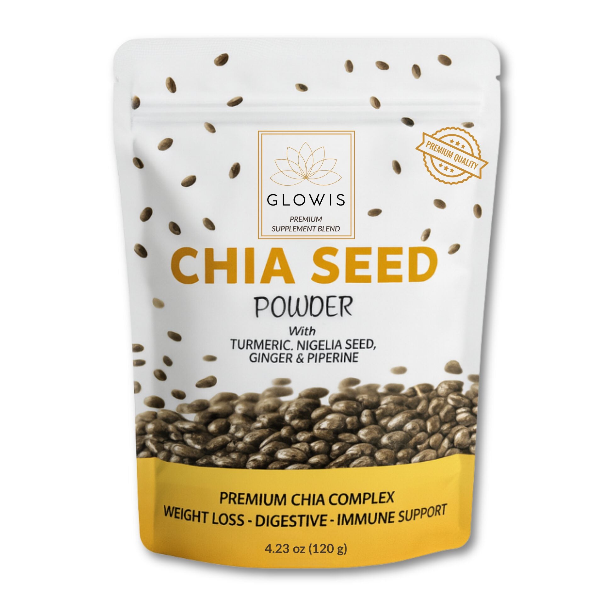 Glowis organic chia seed powder 5-in-1 120g bag - turmeric ginger black seed blend