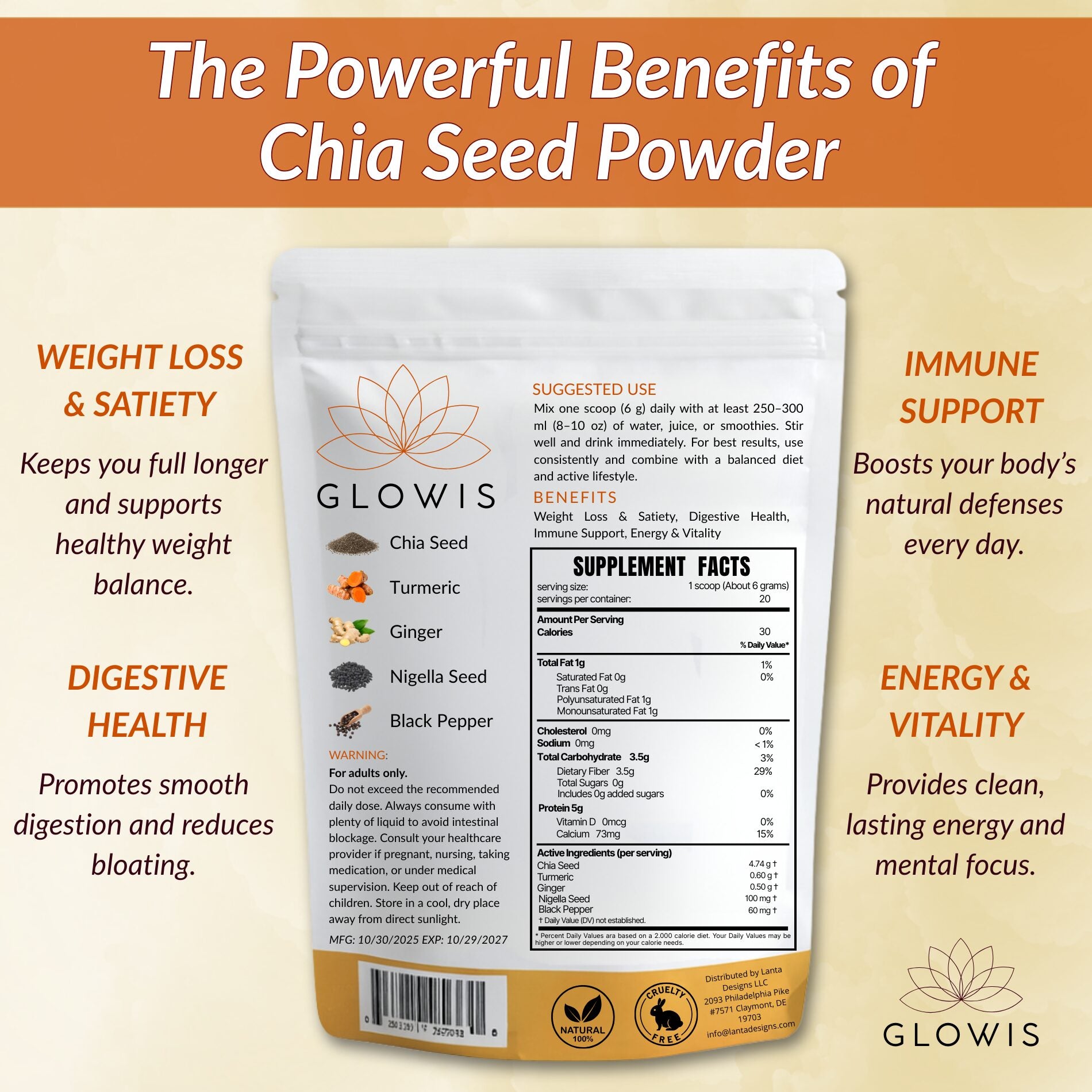 Glowis chia seed powder nutrition facts - 5g protein 3.5g fiber per serving