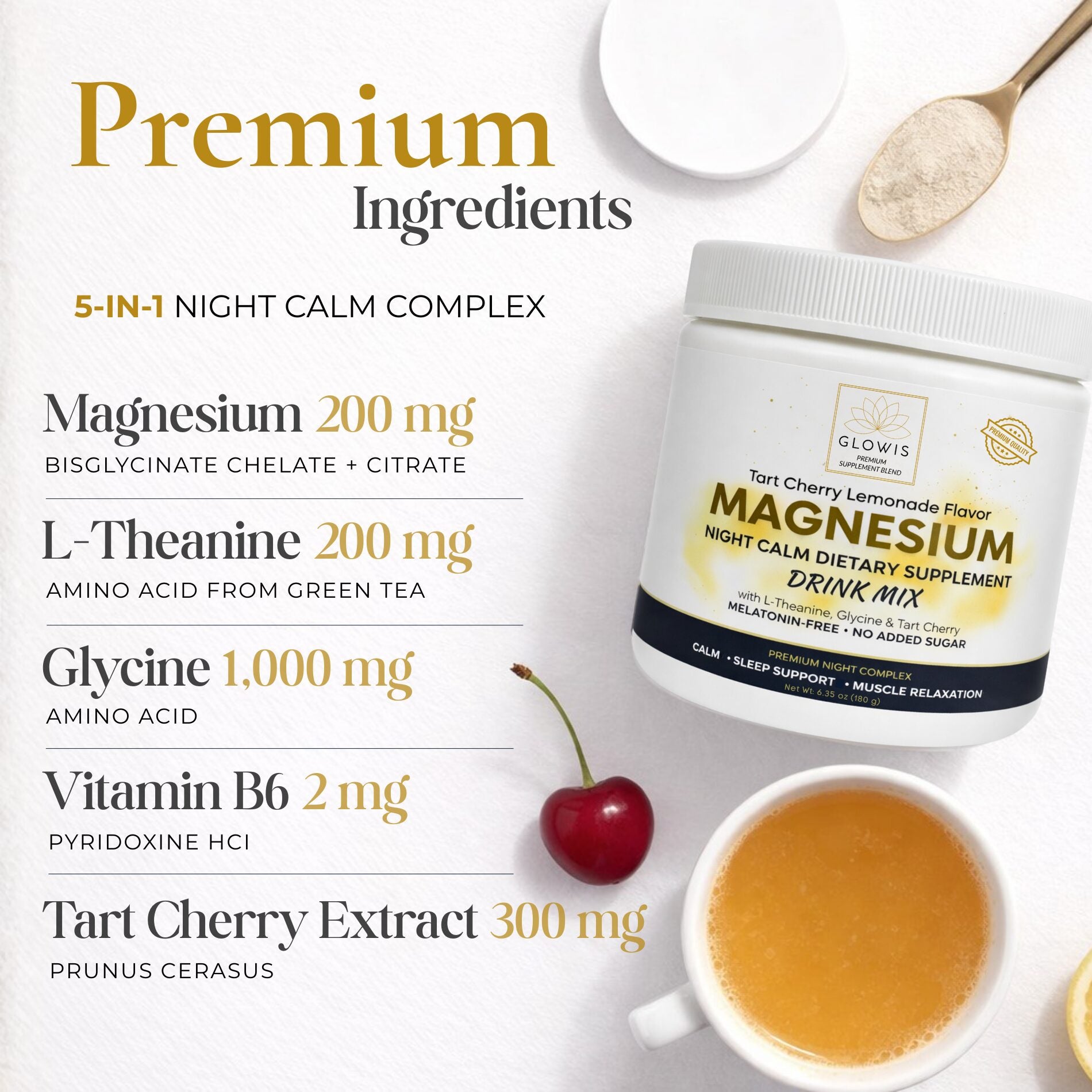 Glowis magnesium drink mix in glass - Tart Cherry Lemonade flavor