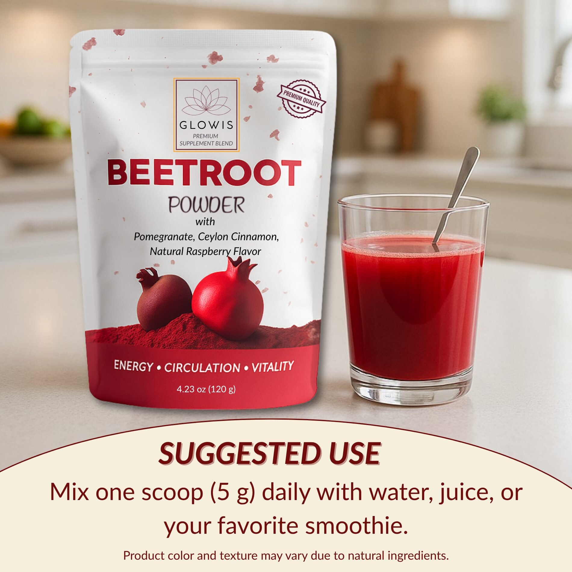 Glowis beetroot blend ingredients - organic beet pomegranate Ceylon cinnamon raspberry