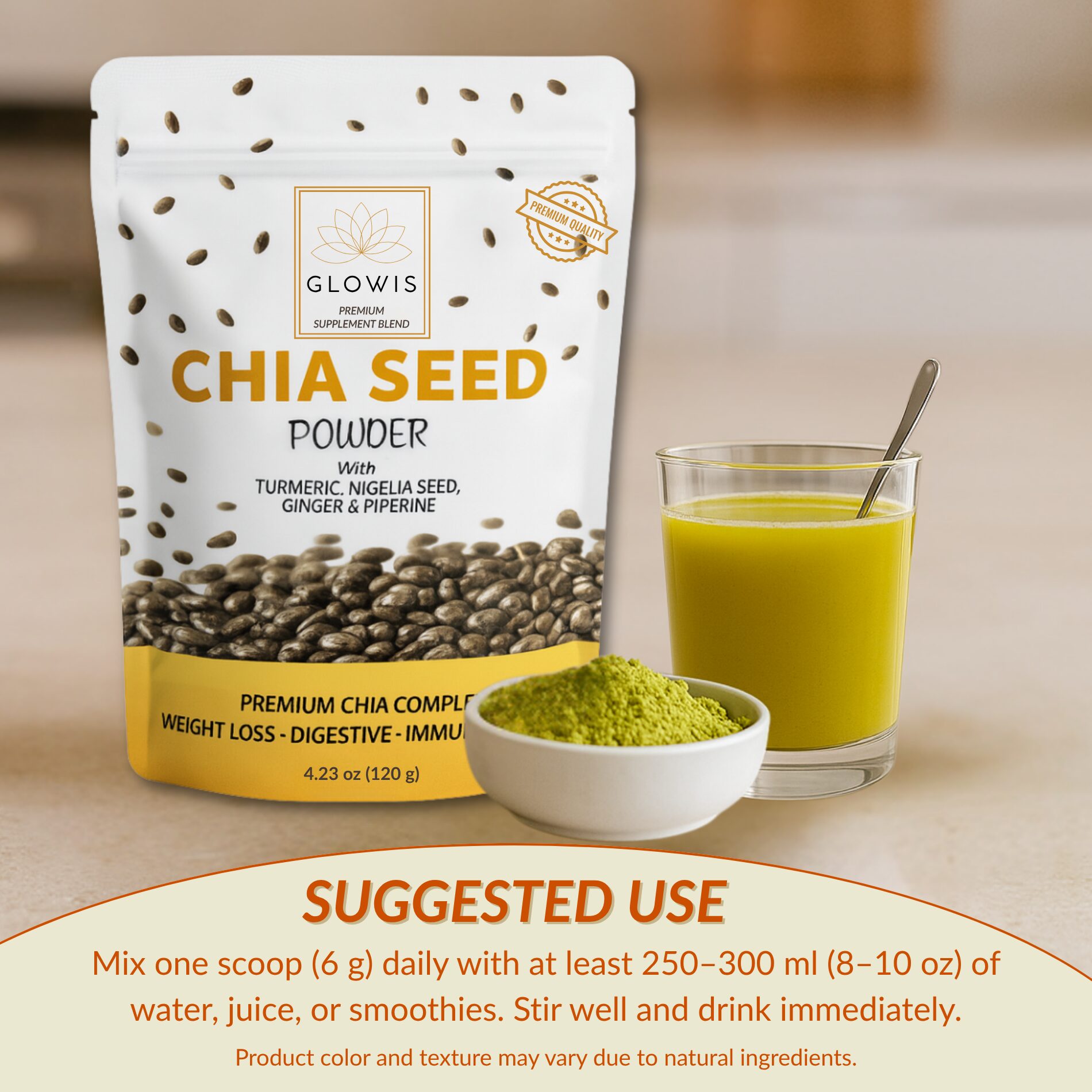 Glowis chia blend ingredients - chia turmeric ginger nigella seed black pepper
