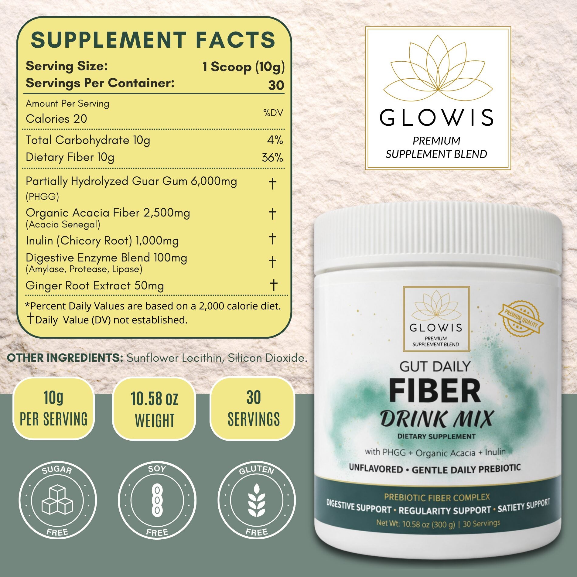 Glowis unflavored soluble fiber supplement - gentle for sensitive digestion