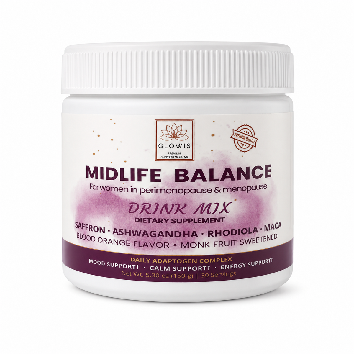Glowis Midlife Balance adaptogen drink mix jar - saffron ashwagandha rhodiola maca for perimenopause and menopause